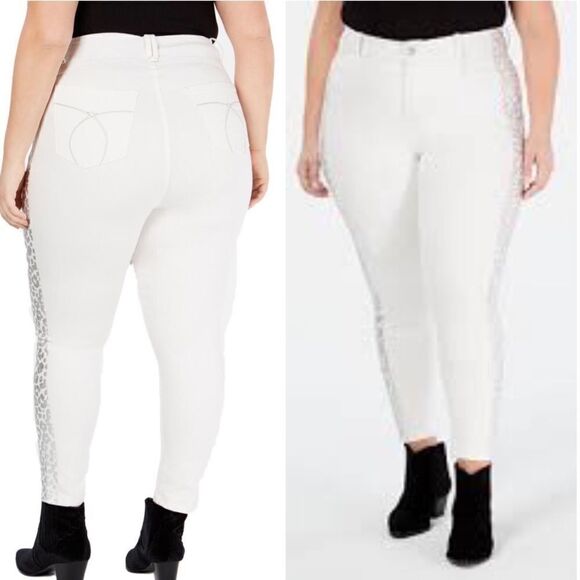 YSJ Plus Size Animal-Print-Trim Skinny Ankle Jeans - Picture 1 of 7